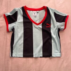 Puma X Dua Lipa Black and Blue Striped Crop Top with Red Accents Jersey